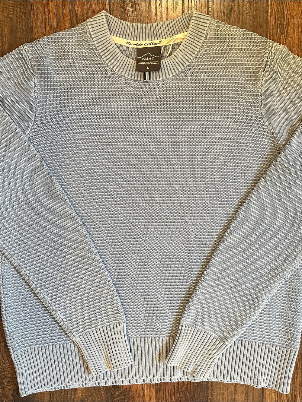 Kuhl Mountain Culture Sweater Mens Large Blue Textured Rib Knit Crew Neck Outdoo